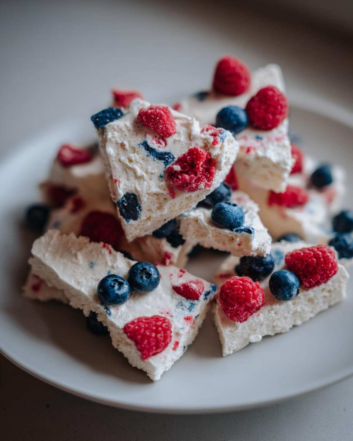 Close-up of broken pieces of Frozen Yogurt Bark with Spring Berries, topped with raspberries and blueberries, stacked on a white plate.