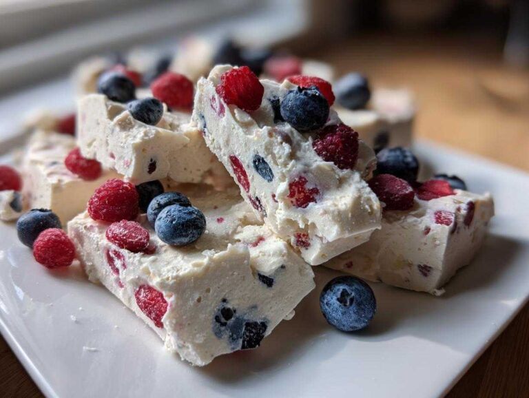 Close-up of thick, creamy slices of Frozen Yogurt Bark with Spring Berries, topped with fresh blueberries and raspberries.