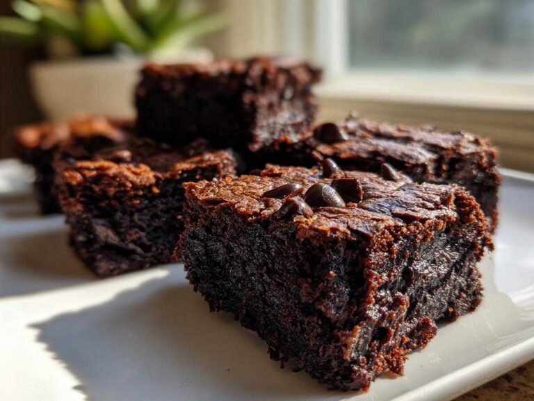 Close-up of fudgy Banana Bread Brownies squares topped with melted chocolate chips on a white plate.