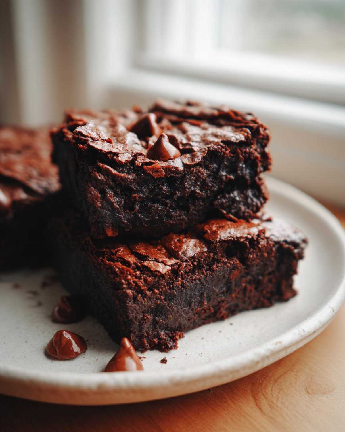 Two rich, fudgy Banana Bread Brownies stacked on a light plate, topped with chocolate chips.
