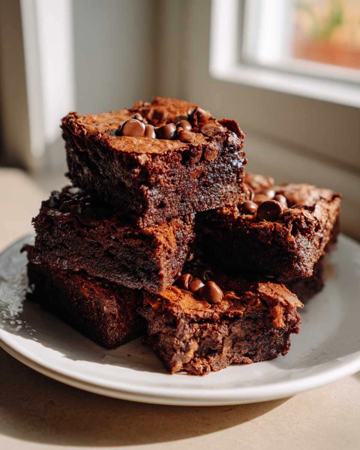 A stack of rich, fudgy Banana Bread Brownies topped with chocolate chips, sitting on a white plate near a window.
