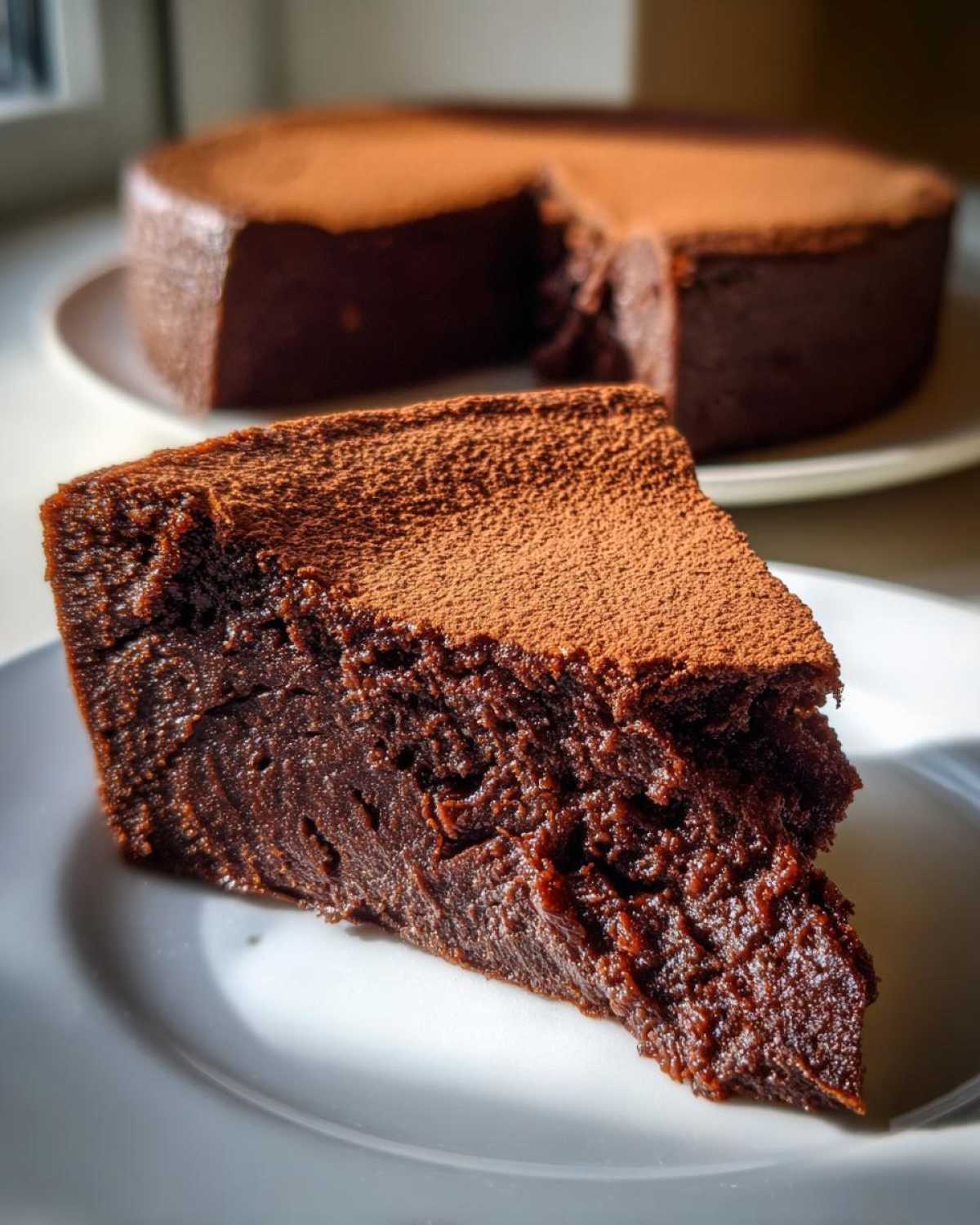 A close-up of a dense, fudgy slice of flourless chocolate cake dusted with cocoa powder, with the rest of the cake blurred in the background.