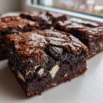 Close-up of several fudgy Oreo brownies showing a shiny, cracked top and visible chunks of Oreo cookies.