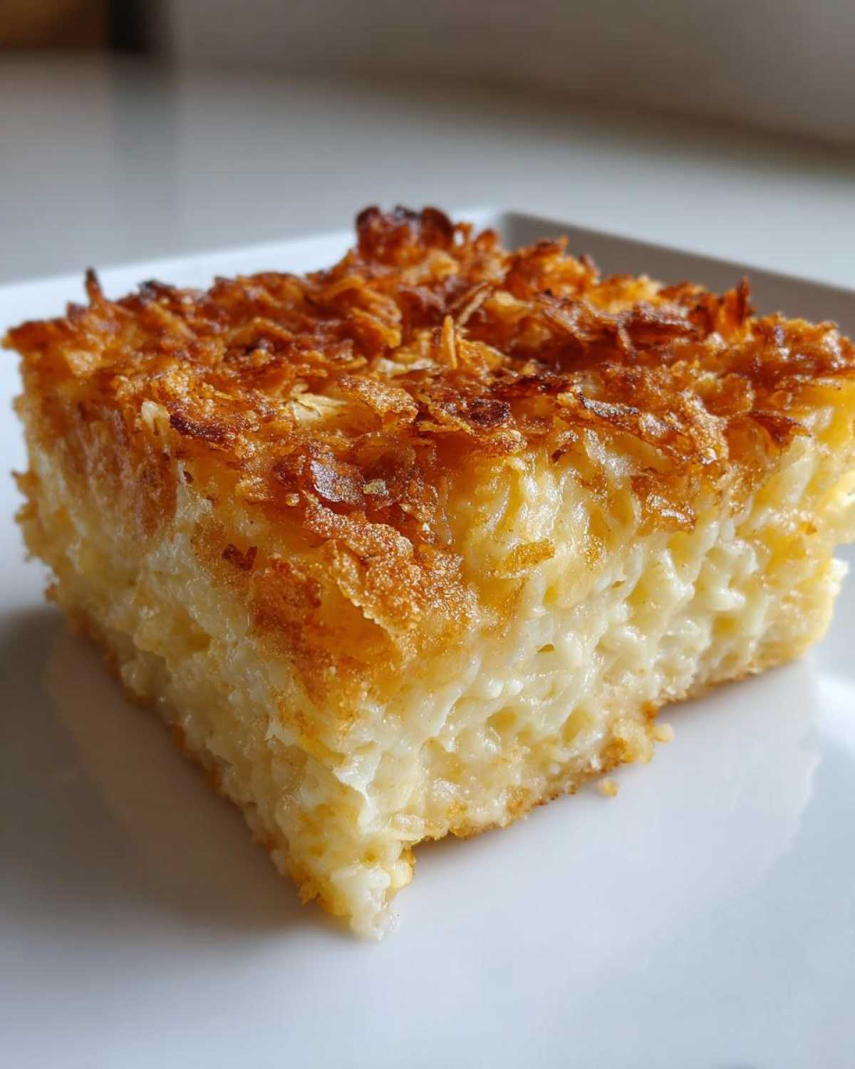 A square serving of creamy funeral potatoes recipe with a crispy, golden-brown topping.