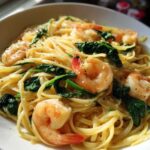 Close-up of a bright bowl of Garlic Shrimp and Spinach Linguine tossed in a light garlic butter sauce.