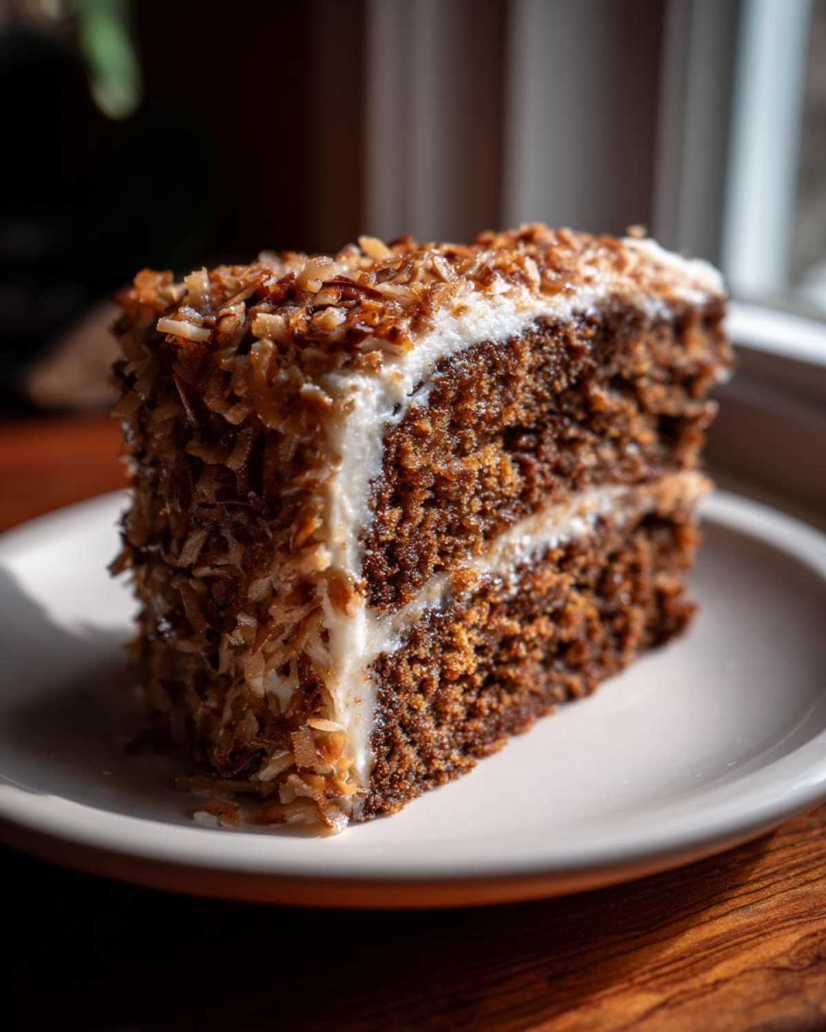 A close-up of a moist slice of german chocolate cake layered with white frosting and covered in toasted coconut.