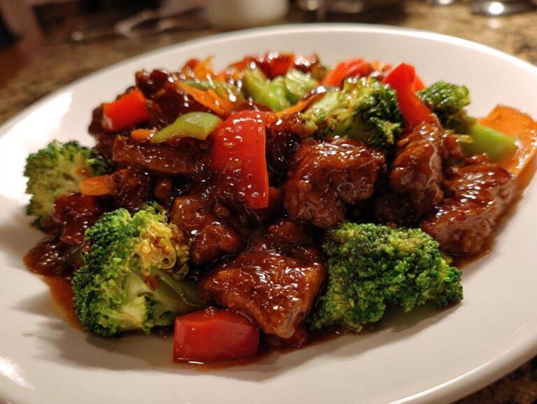 Close-up of saucy Ginger Chicken pieces mixed with bright green broccoli and red bell peppers.