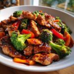 A close-up of vibrant Ginger Chicken stir-fry with bright green broccoli, red peppers, and carrots coated in a glossy sauce.
