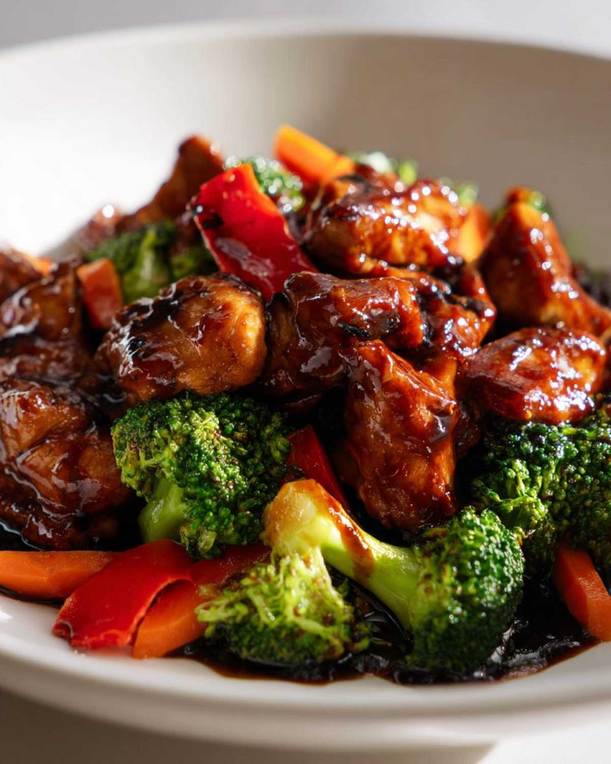 Close-up of tender pieces of Ginger Chicken coated in a dark, glossy sauce, mixed with bright green broccoli and red peppers.