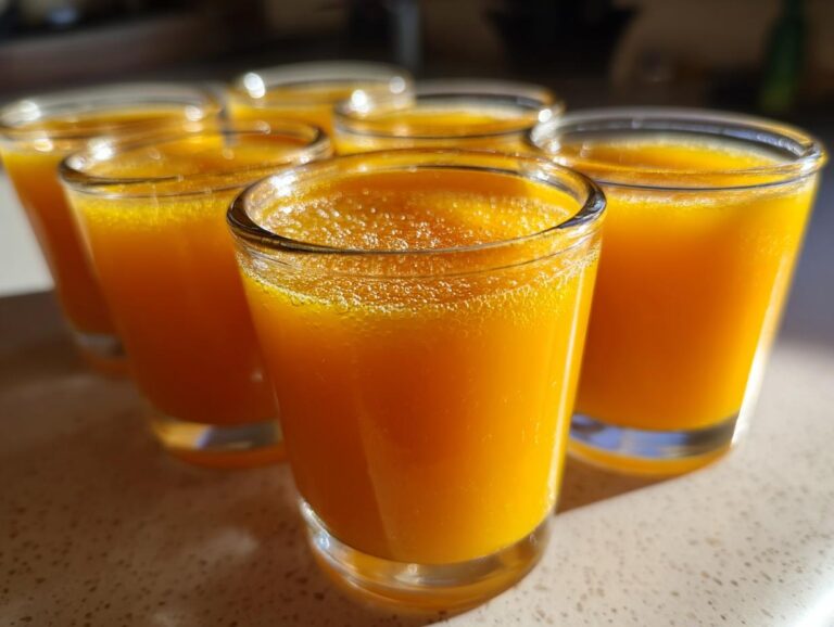 Close-up of several small glasses filled with bright orange Ginger Lemon Turmeric Shots lined up on a counter.
