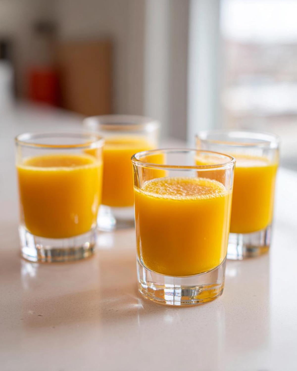 Four small glasses filled with bright orange Ginger Lemon Turmeric Shots sitting on a light countertop.