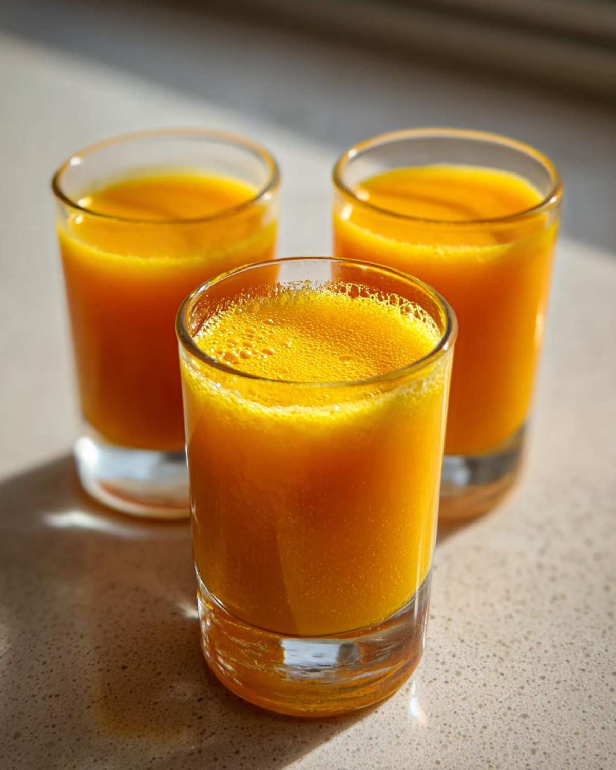 Three small glasses filled with bright orange Ginger Lemon Turmeric Shots sitting on a light countertop.