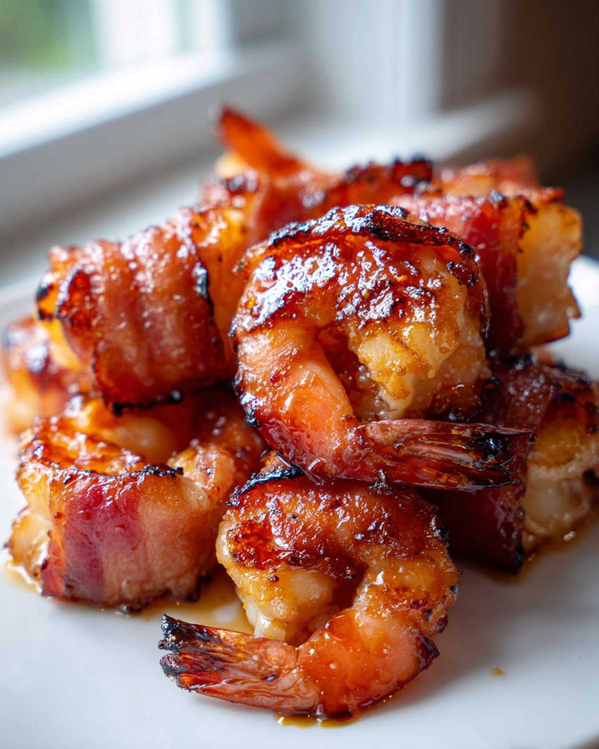 A close-up stack of perfectly cooked, glazed bacon wrapped shrimp on a white plate.
