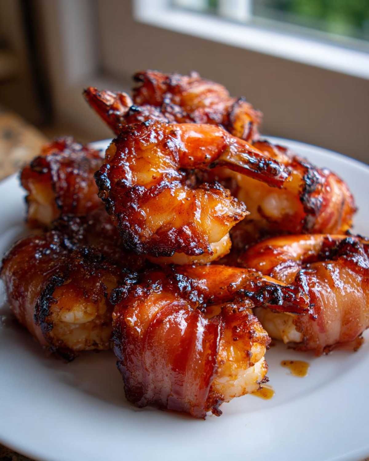 Close-up of several perfectly cooked, glazed bacon wrapped shrimp piled high on a white plate.