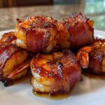 Close-up of several perfectly cooked, glazed bacon wrapped shrimp piled on a white serving dish.