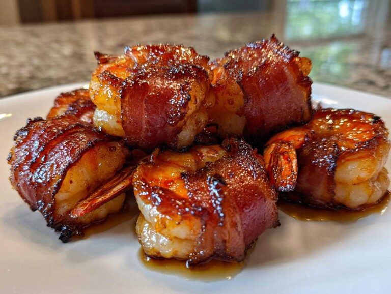 Close-up of several perfectly cooked, glazed bacon wrapped shrimp piled on a white serving dish.