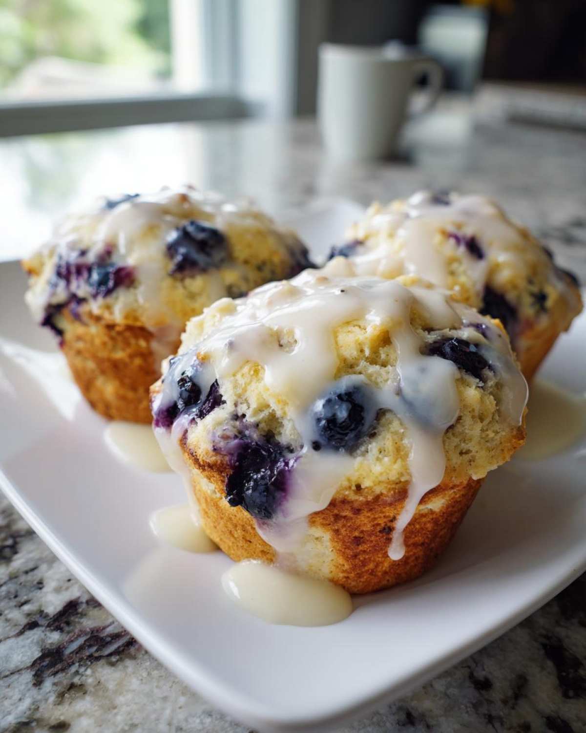Three freshly baked Blueberry Lemon Scones Recipe topped with thick white lemon glaze, served on a white plate.