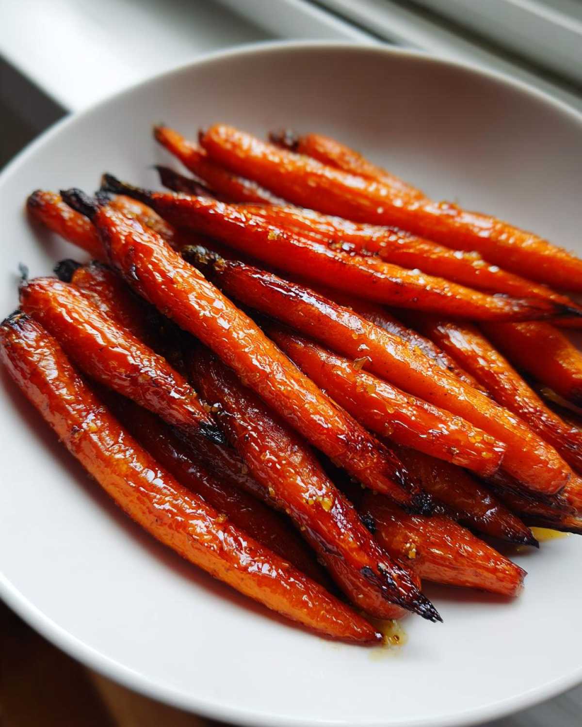 Close-up of perfectly roasted Glazed Honey Garlic Butter Roasted Carrots piled high in a white serving bowl.