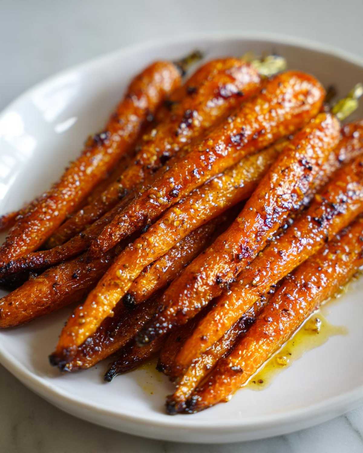 A close-up of perfectly roasted Glazed Honey Garlic Butter Roasted Carrots piled on a white plate, glistening with glaze.