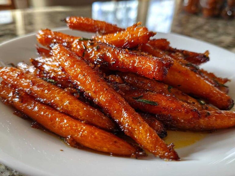Close-up of tender Glazed Honey Garlic Butter Roasted Carrots piled on a white plate, glistening with a rich, dark glaze.