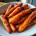 Close-up of shiny, caramelized Glazed Honey Garlic Butter Roasted Carrots piled in a white bowl.