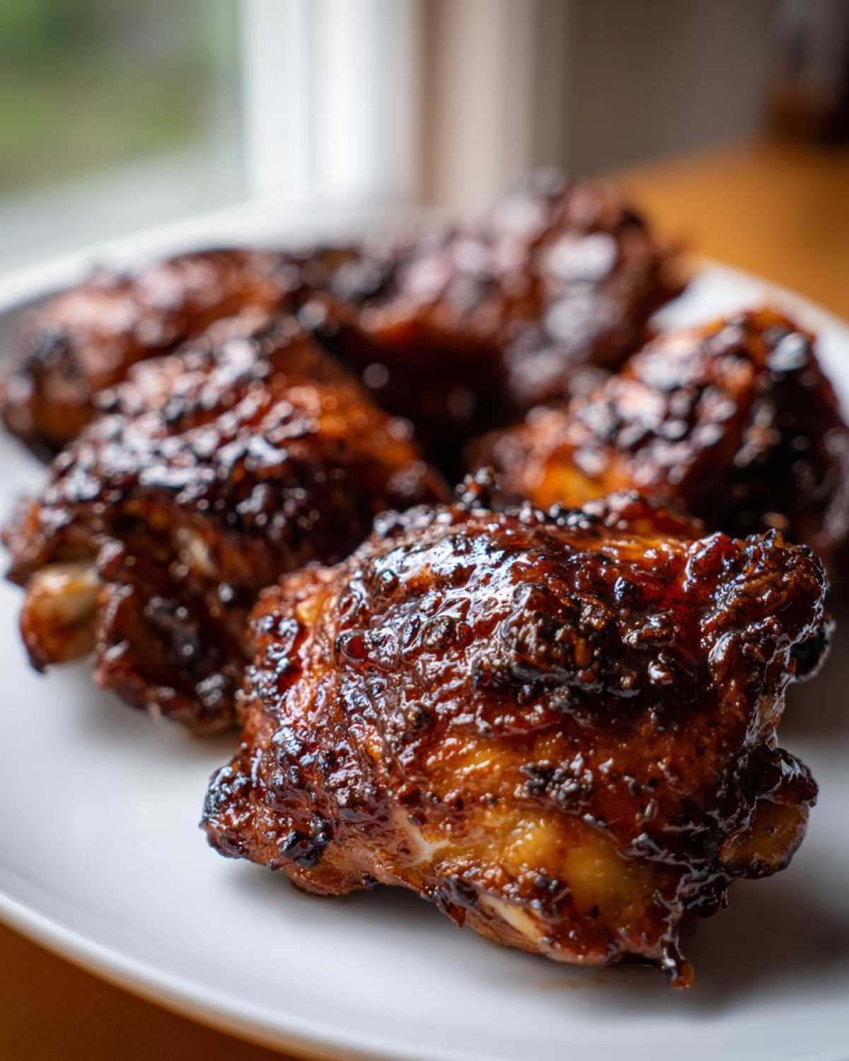 Close-up of several deeply glazed Honey Garlic Chicken Thighs resting on a white serving plate.