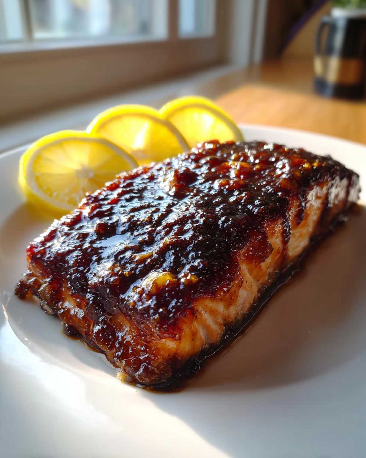 A close-up of a perfectly cooked Honey Salmon fillet covered in a dark, sticky glaze, served with three lemon slices.