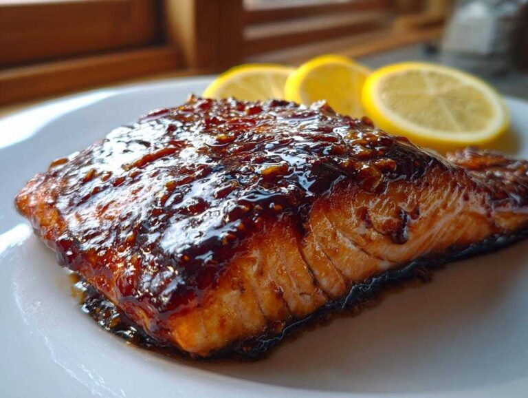 A close-up of a perfectly cooked Honey Salmon fillet covered in a thick, glossy glaze, served with lemon slices.