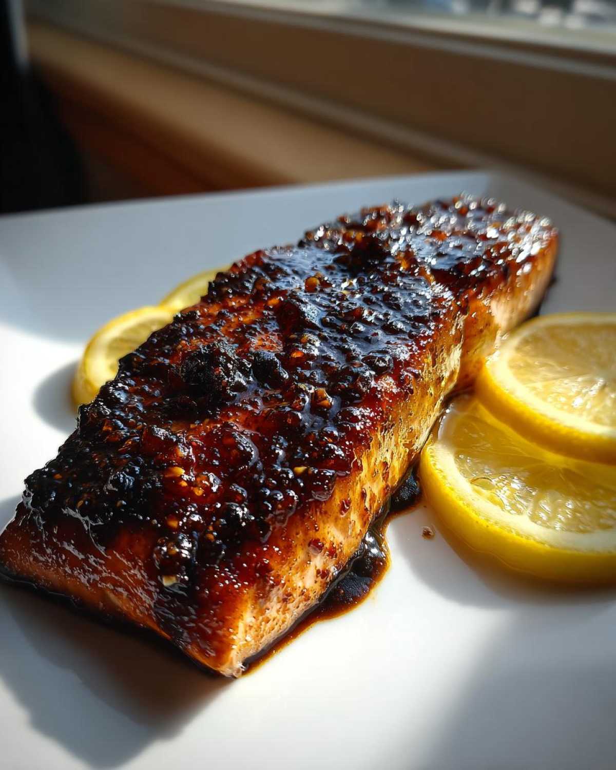 Close-up of a perfectly cooked Honey Salmon fillet coated in a dark, sticky glaze, served with fresh lemon slices.