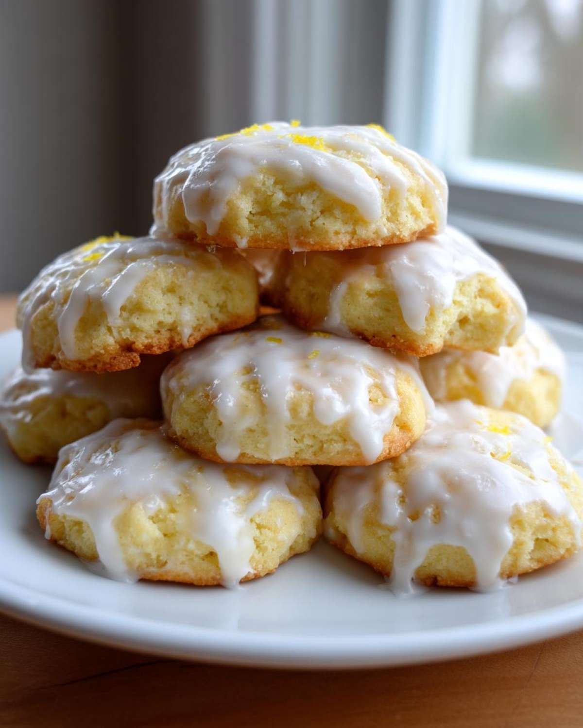 A stack of soft, glazed italian ricotta cookies topped with bright yellow lemon zest on a white plate.