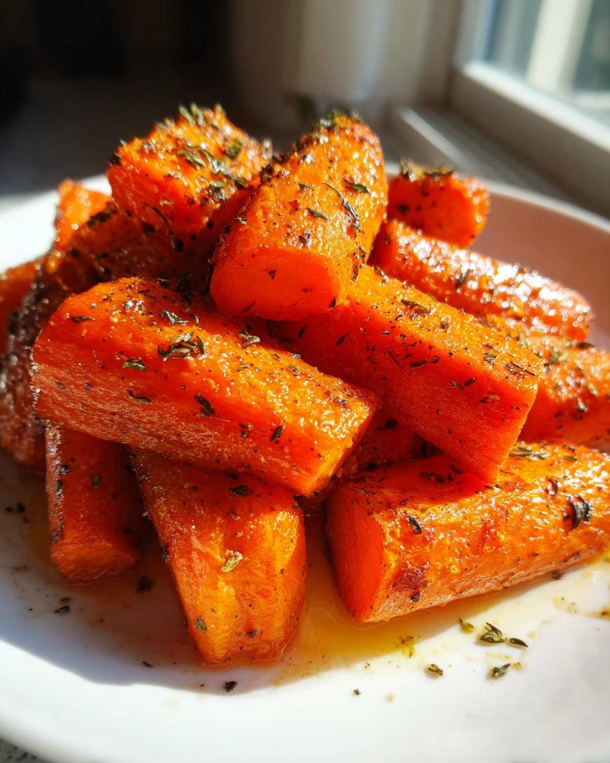 A close-up shot of bright orange, glazed roasted carrots seasoned with herbs, piled on a white plate.