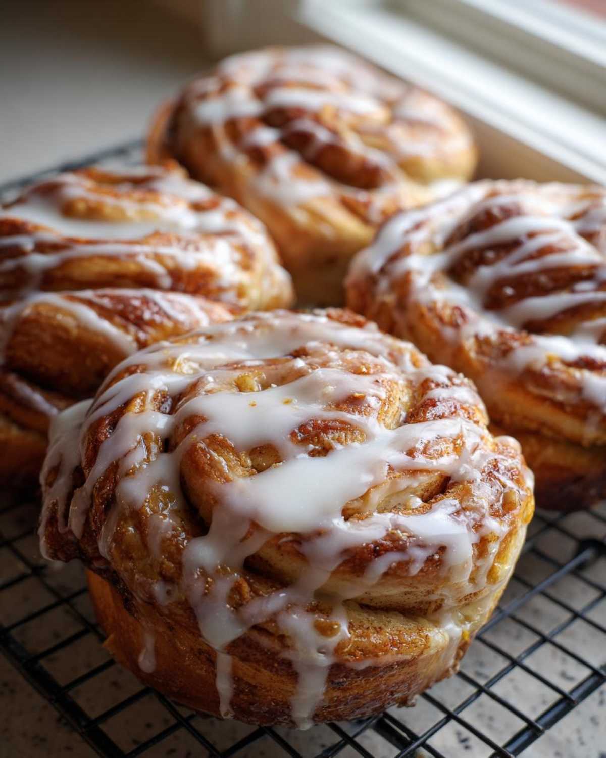 Close-up of freshly baked Sourdough Cardamom Buns drizzled generously with white icing, resting on a black cooling rack.