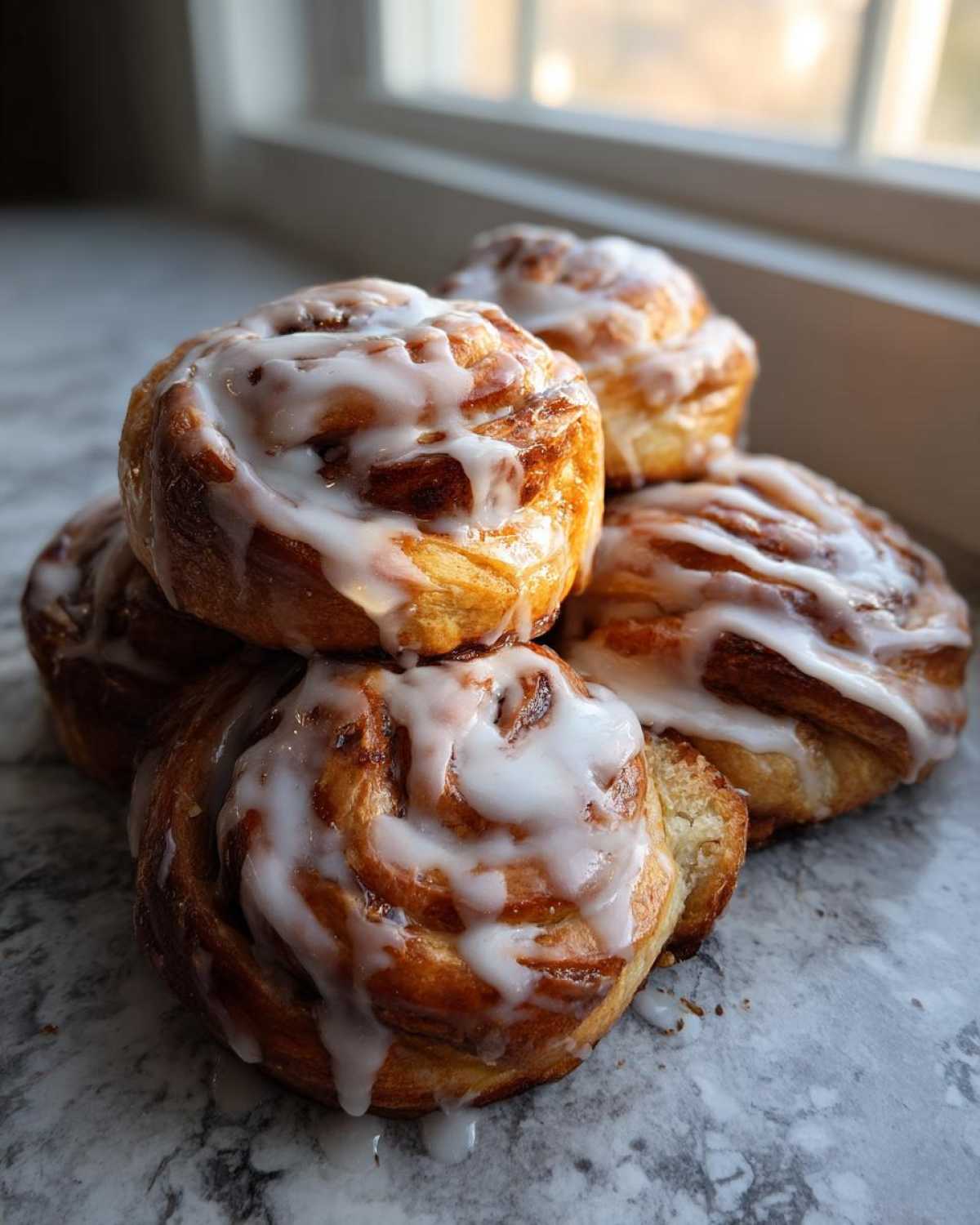A stack of four golden-brown Sourdough Cardamom Buns generously drizzled with white icing.