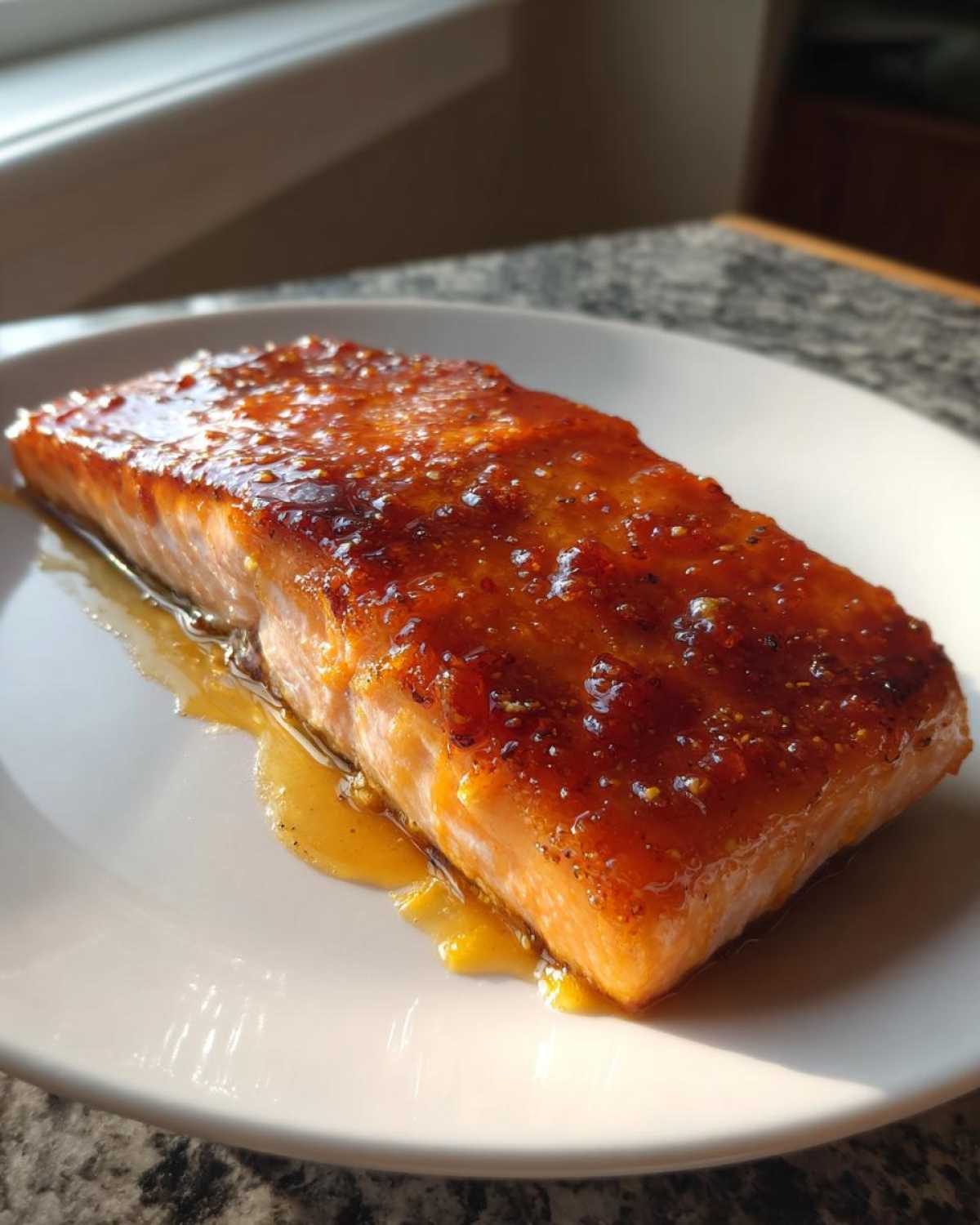 A perfectly cooked fillet of Texas Roadhouse Salmon with a thick, sweet, and savory glaze resting on a white plate.