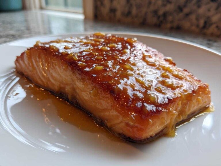 Close-up of a perfectly cooked Texas Roadhouse Salmon fillet covered in a thick, glossy, orange-brown glaze.