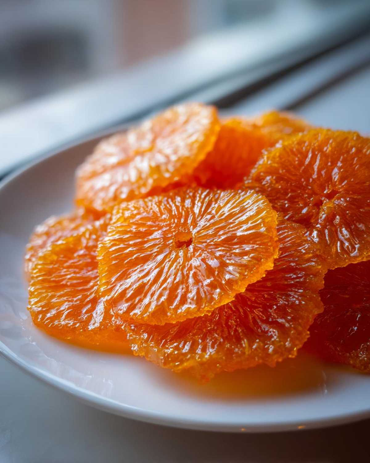 Close-up of glistening, bright orange candied orange slices piled on a white plate.