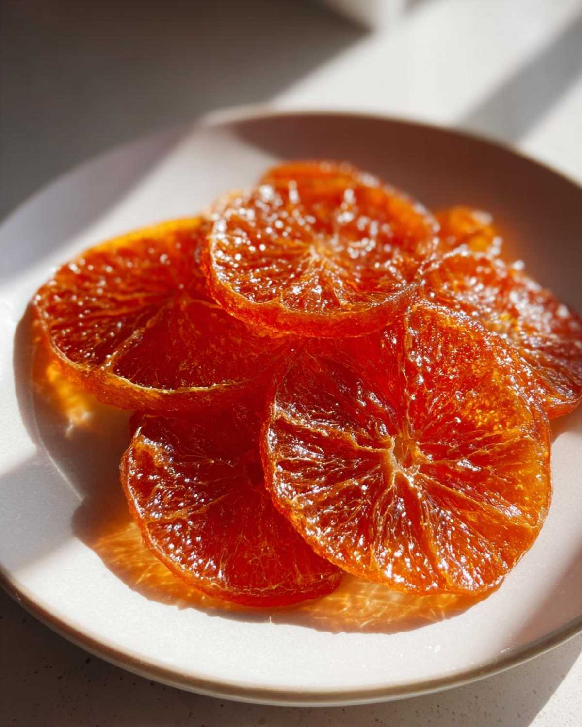 Close-up of glistening, deep orange candied orange slices piled on a light-colored plate.