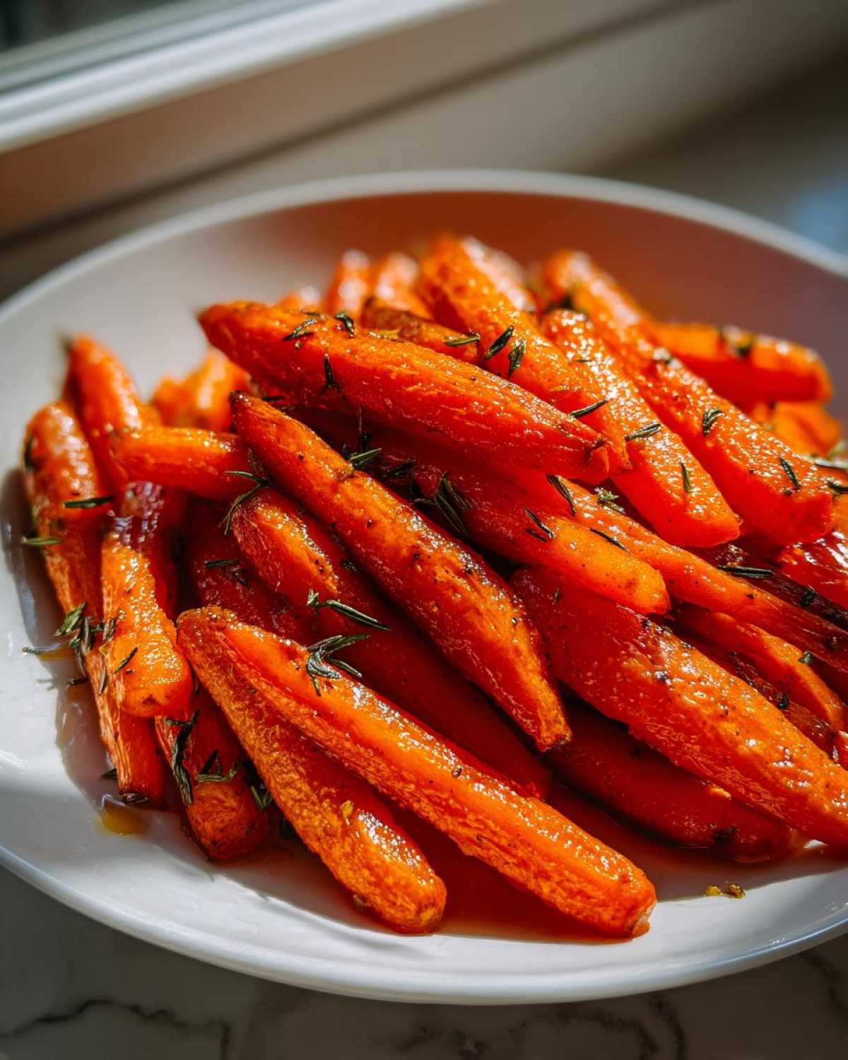 Close-up of glossy, bright orange roasted carrots seasoned with herbs, likely rosemary, served on a white plate.