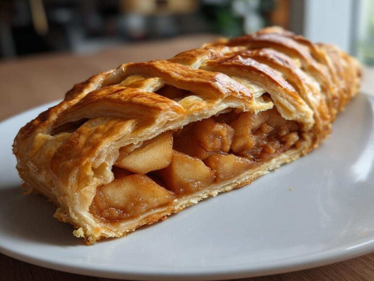 Close-up of a freshly baked apple strudel slice showing flaky pastry and cinnamon-spiced apple filling.