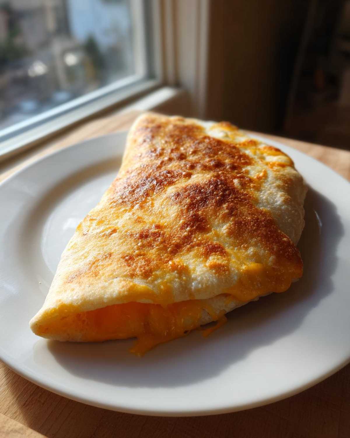 A golden brown, folded cheesy pocket taco resting on a white plate, showing melted orange cheese oozing out.