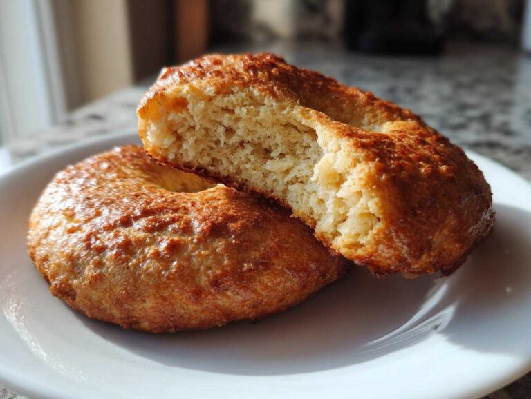 Two golden brown Cottage Cheese Bagels on a white plate, one is split open showing the soft interior texture.