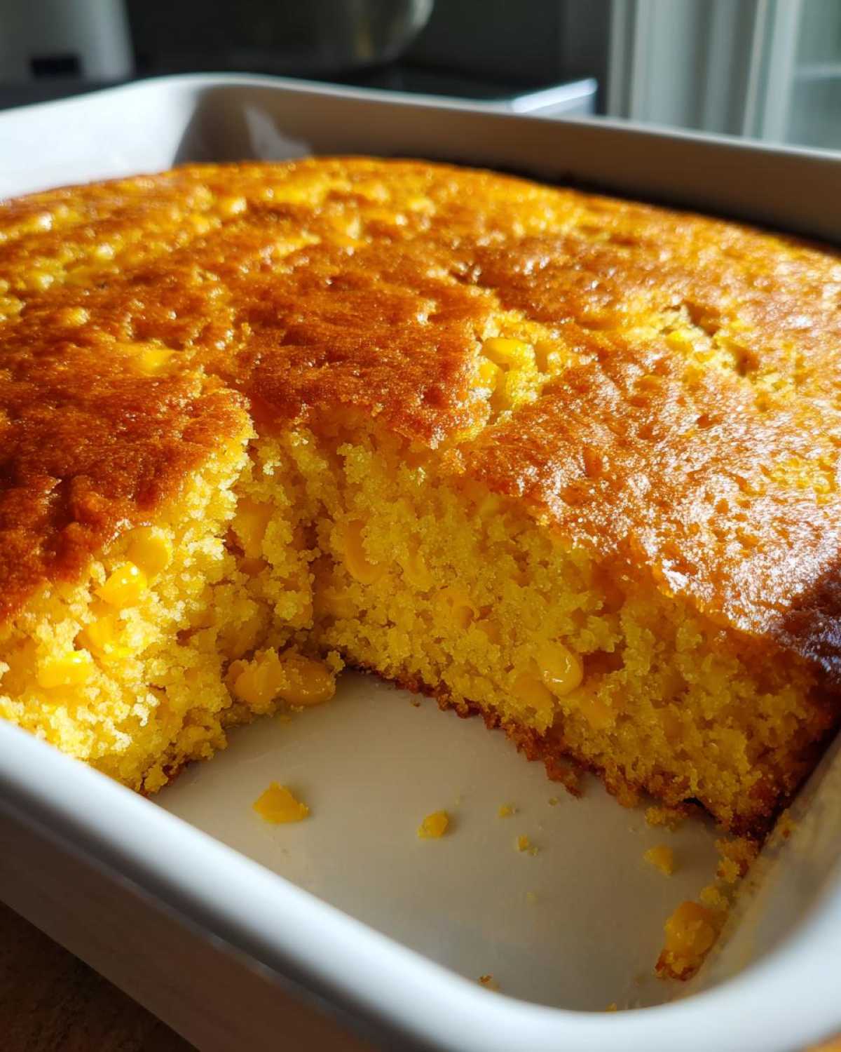 A golden brown Jiffy corn casserole baked in a white dish with one serving removed, showing the moist interior.