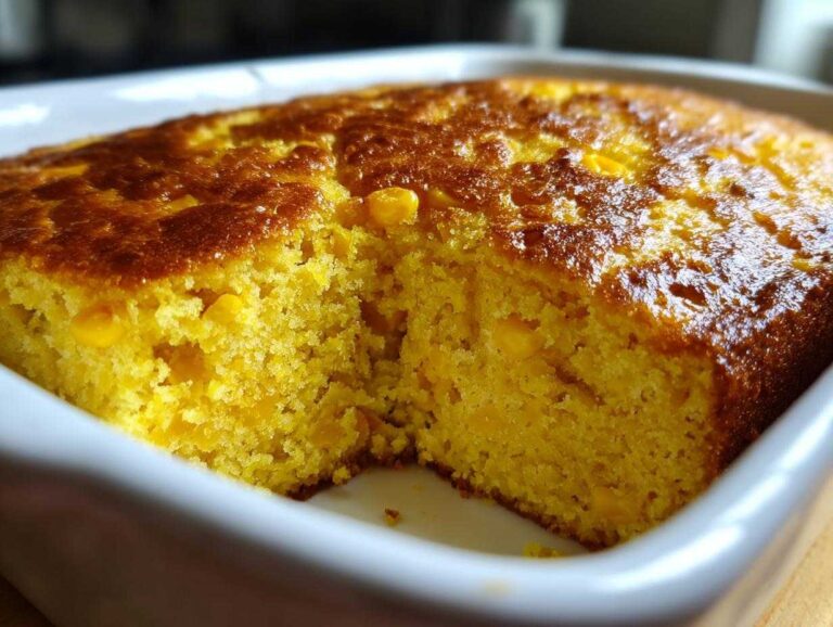 Amazing 5-Ingredient Jiffy Corn Casserole A close-up of a freshly baked, golden brown jiffy corn casserole with visible corn kernels inside a white baking dish.