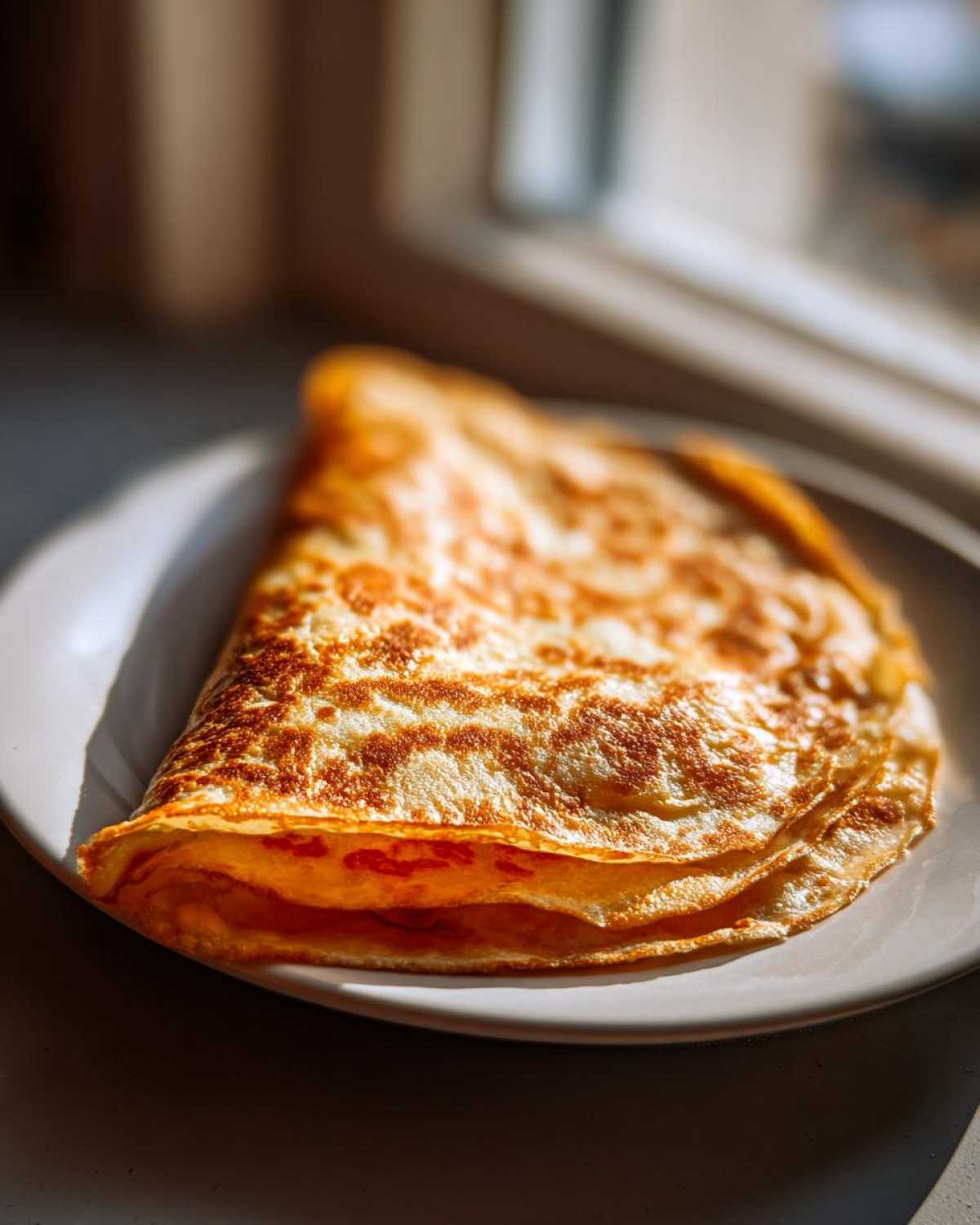 Close-up of a golden-brown, folded tortilla shell, ready to be filled for cheesy pocket tacos.