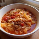 A close-up of a white bowl filled with steaming Golumpki Soup Cabbage Rolls, featuring cabbage, rice, ground meat, and tomato broth.