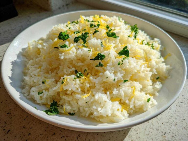 A white bowl filled with fluffy Greek Lemon Rice, topped with bright yellow lemon zest and chopped fresh parsley.
