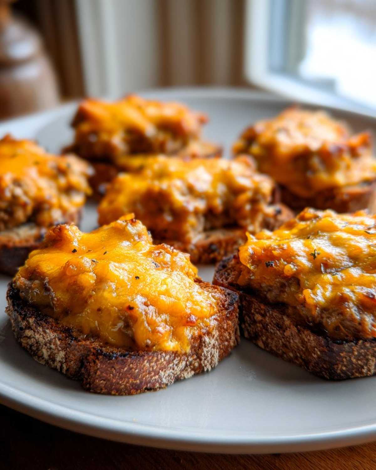 Close-up of several toasted bread slices topped with cheesy, savory Hanky Panky recipe mixture.
