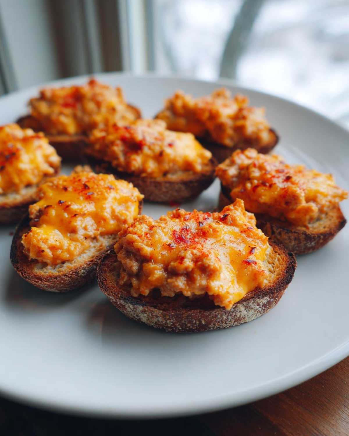 Close-up of several toasted bread rounds topped with cheesy, savory Hanky Panky recipe dip, sprinkled with paprika.