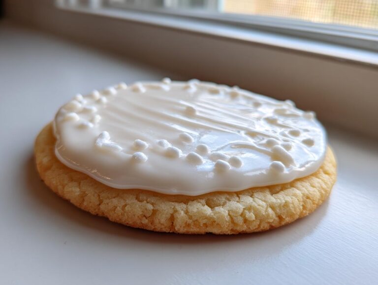 Close-up of a round sugar cookie topped with thick, glossy white sugar cookie icing and white nonpareils.