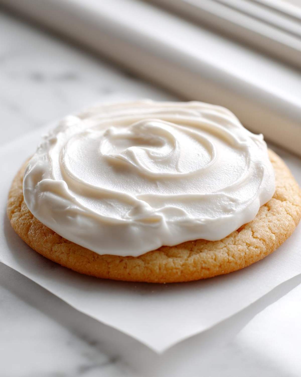 Close-up of a golden sugar cookie topped with thick, perfectly swirled white sugar cookie icing.